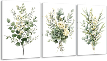 Sage Green Botanical Wall Art, Watercolor Framed Canvas Prints Modern Green Plant White Floral Decor Living Room