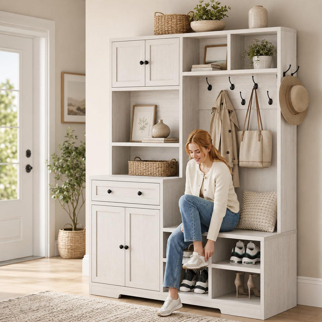 5-in-1 Hall Tree with Bench and Shoe Storage, 51" W Entryway Organizer Coat Rack with 9 Hooks, 2 Storage Cabinets