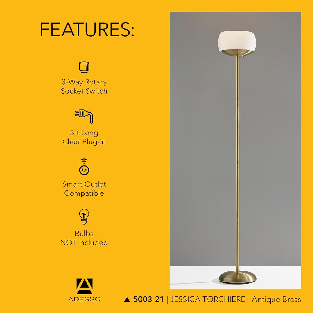 Antique Brass Torchiere Floor Lamp with White Opal Glass Shade