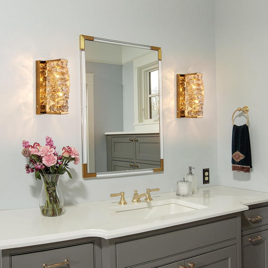 Gold Crystal Wall Sconce, Modern Dimmable LED Sconces Wall Lighting, Luxury Vanity Light Fixture Bathroom Wall