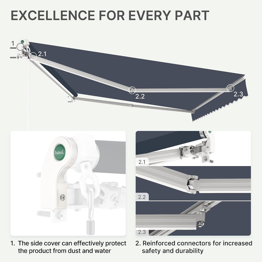 10'x8' Patio Manual Retractable Awning Fully Assembled, Blue | Aluminum Frame, 280G Polyester, Water-Resistant