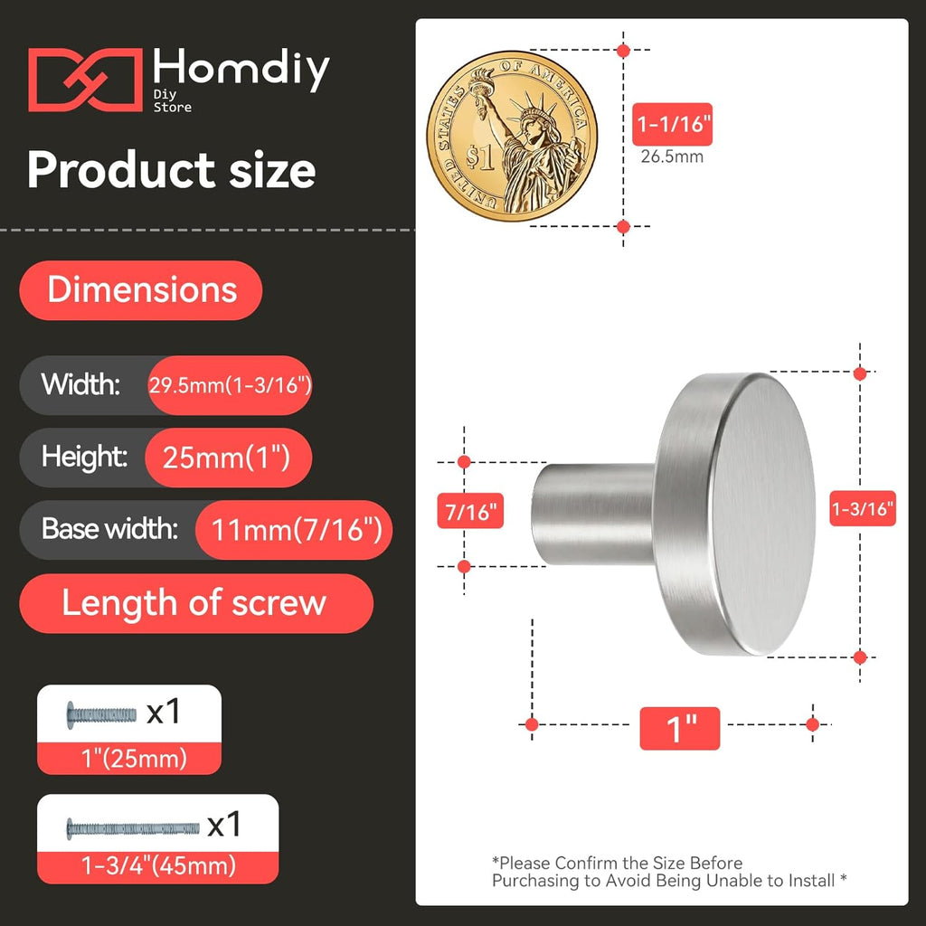 25 Pack Brushed Nickel Cabinet Knobs, Round Kitchen Drawer Knobs, Silver Knobs for Cabinets, Metal Handles for Desk