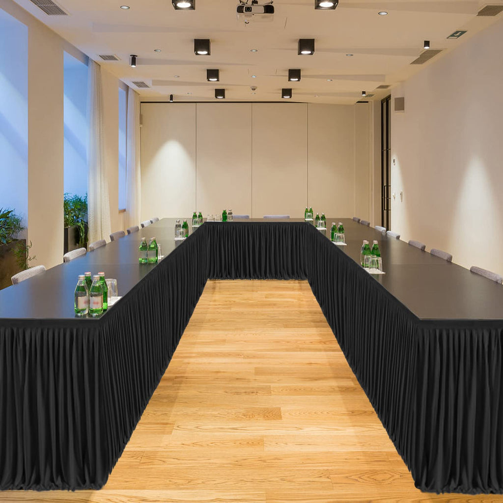 Black Polyester Table Skirt for Rectangle Tables 8ft, Wrinkle Resistant Pleated Ruffle Table Cloth for Banquet