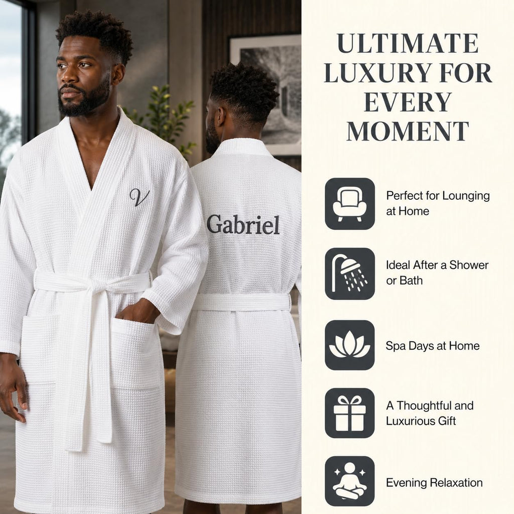 Men's Waffle Robe, Custom Personalized Bathrobe for Men | Lightweight cotton-blend waffle robe, quick-dry.