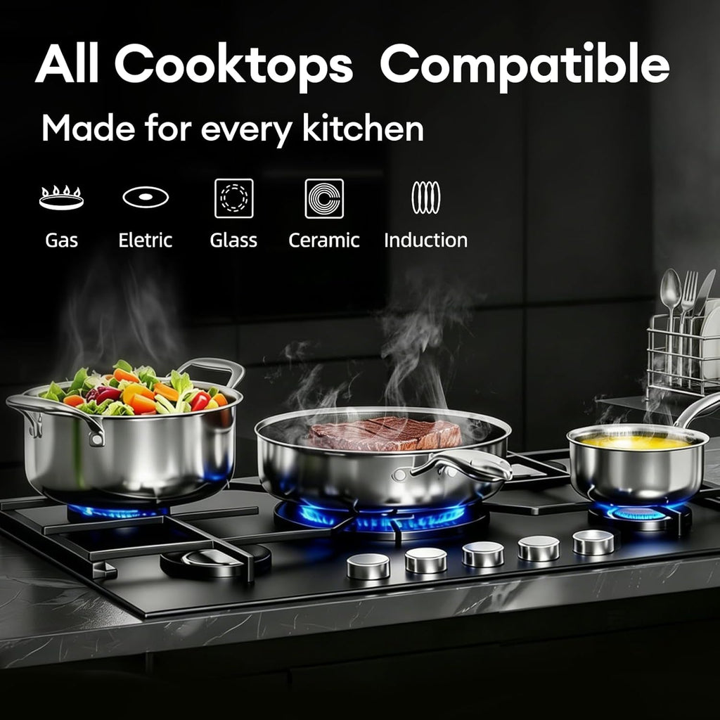 10pcs Pots and Pans Set Non Stick, Stainless Steel Cookware Set | Hybrid, Non Toxic, Dishwasher and Oven Safe, All