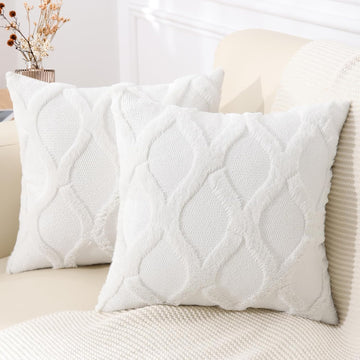 Summer Throw Pillow Covers 18x18 Inch Set of 2, Soft Plush Faux Fur Wool Cream White Accent Couch Pillow Covers for