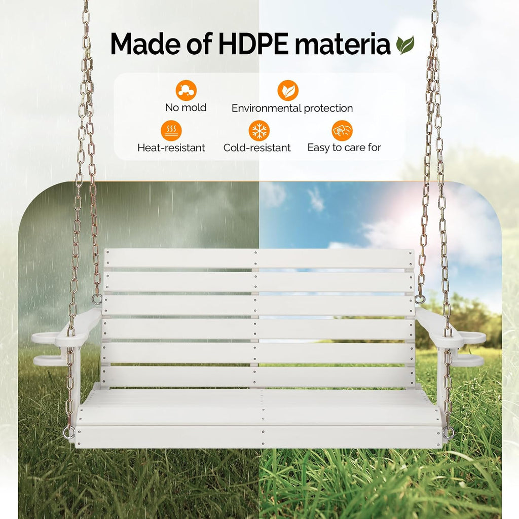 4FT HDPE Porch Swing Outdoor with Rotatable Cup Holder, White | 1600 LBS Heavy Duty Recycled Plastic Porch Swing with