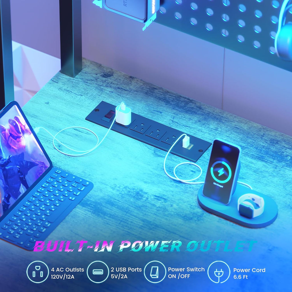 L Shaped Computer Desk, Reversible Corner Desk with Power Outlet | Gaming Desk with Pegboard, Led Lights, Keyboard