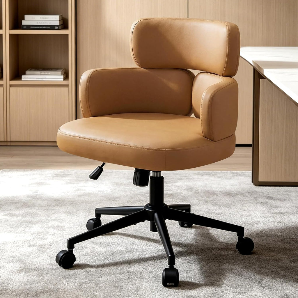 Leather Home with Unique Curved Back, Wide Seat Computer Desk Chair with Wheels,Swivel Tilt & Height Adjustable,Matel