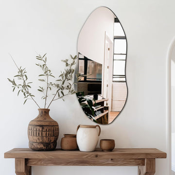 Irregular Wall Mirror,32"x14" Slim Vertical Wavy Design,Frameless Decorative Mirror ,Modern Boho Wall-Mounted