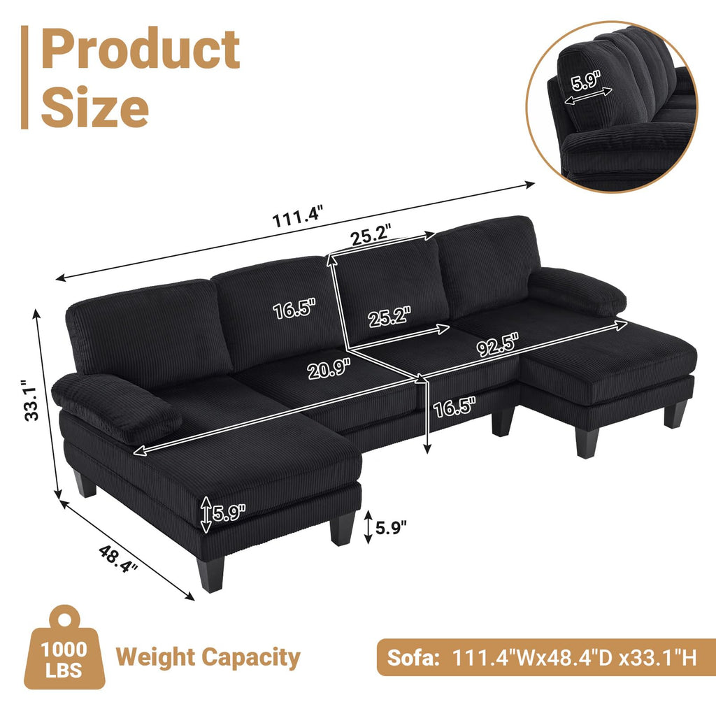 110" Sectional Couches, U Shaped Couch with Double Chaise, 4-Seat Sofa Set with Corduroy Fabric Furniture, Black
