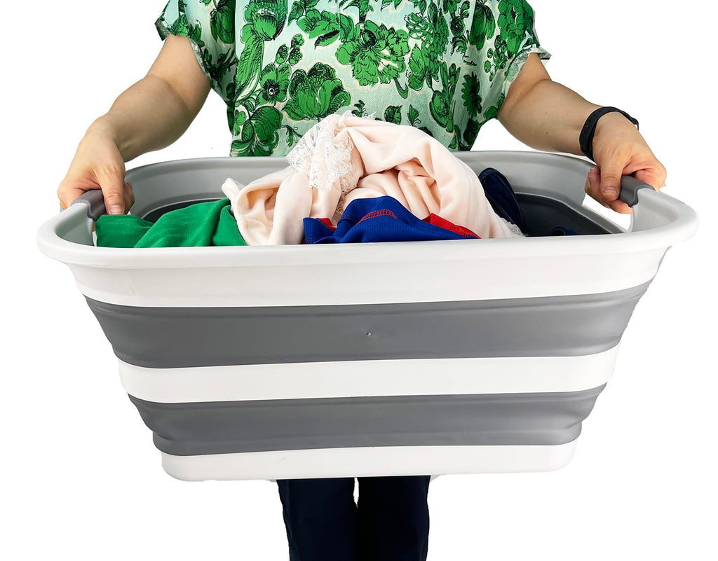Collapsible Plastic Laundry Basket with Handle/Foldable Pop Up Storage Hamper/Portable Laundry Organizer-Space Saving