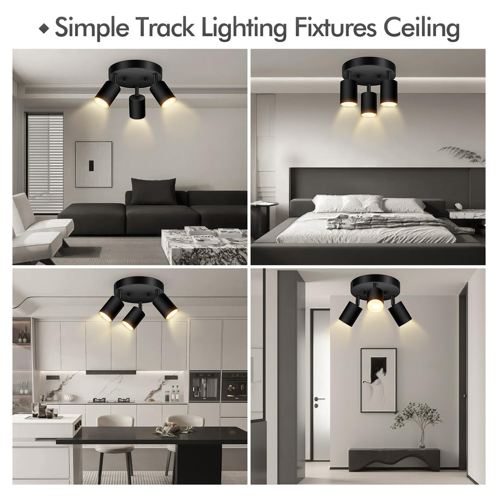 3 Light Track Lighting Fixtures Ceiling, Matte Black Round Directional Ceiling Spotlight, GU10 Flush Mount