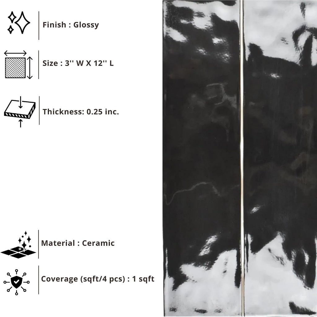 HTCRC Glossy Black Ceramic Subway Tile 3x12, Handmade Look Wall Tile, Rustic Artisan Zellige Style for Kitchen - Set of 50