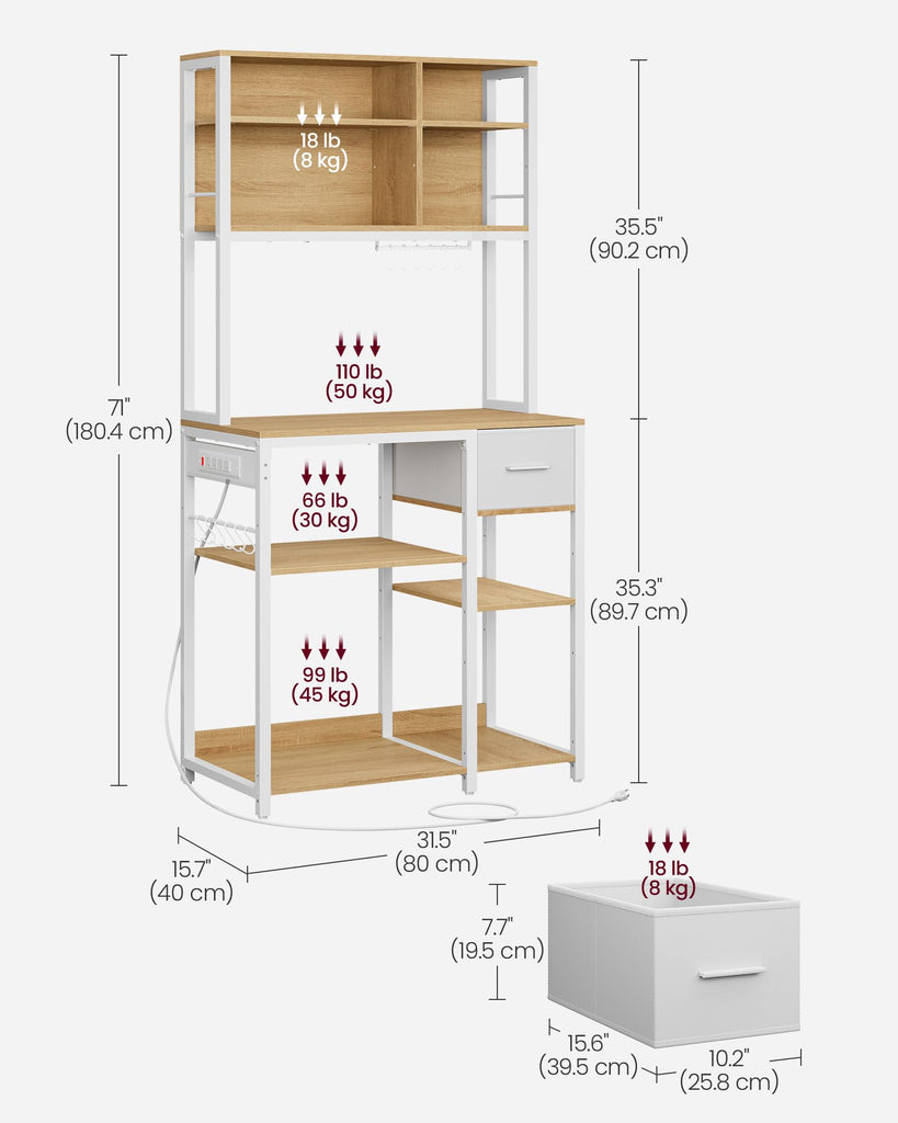 Bakers Rack with Charging Station, Coffee Bar, 12 Hooks