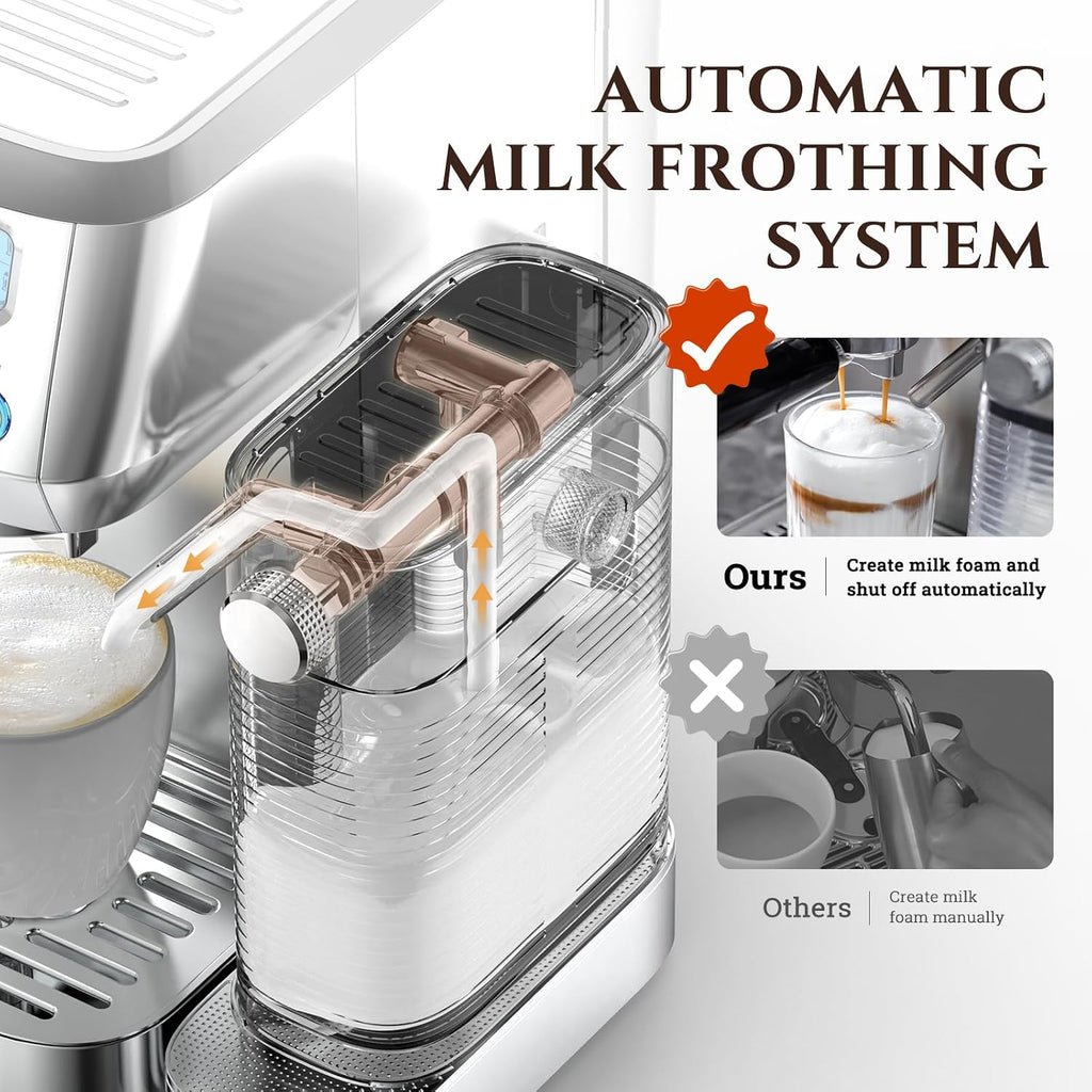 Espresso Machine, Auto Milk Frother, 20 Bar Pressure, Silver | Home Coffee Maker with 61oz Removable Tank & LCD