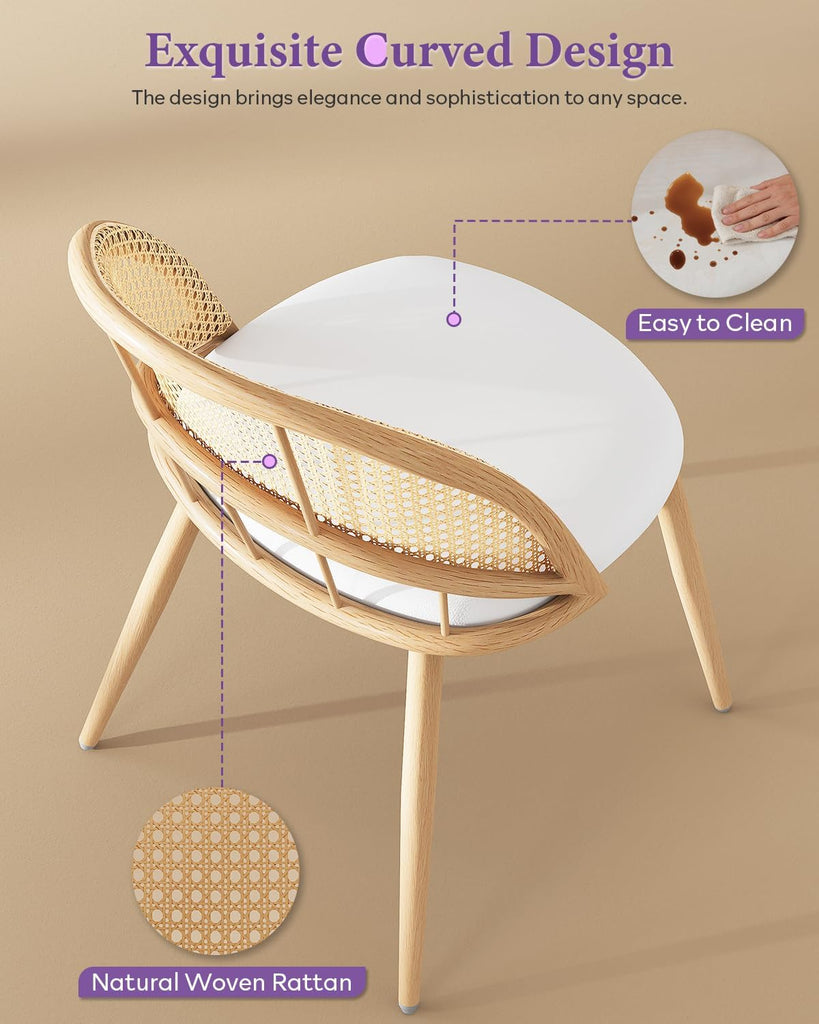 Rattan Dinner Chairs Set of 4 with Faux Leather Cushion, Modern Dining Room Chairs w/Adjustable Foot Pads, Kitchen