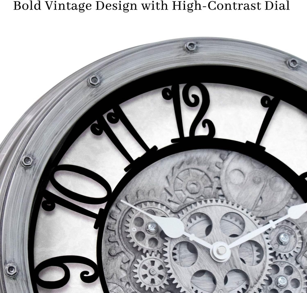 Wall Clock with Moving Gears, Vintage Industrial 16-Inch Silent Non-Ticking Steampunk Timepiece, Retro Frame Analog Battery Operated...