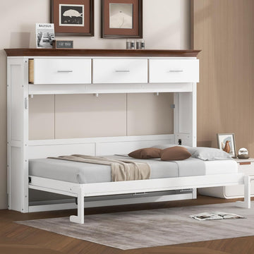 Twin Murphy Bed, Wood Wall Bed Frame with 3 Storage Drawers, Folding Cabinet Bed Frame for Home Office, Guest Room