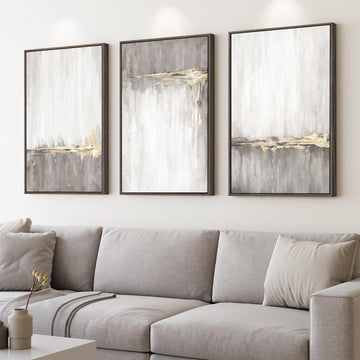 Framed Grey White Abstract Wall Art , 3 Piece Large Gold Neutral Canvas Prints Artwork for Walls, Gray Modern