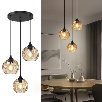 Cluster Pendant Lamp with Hammered Glass, Linear Barn Hanging Pendant Lighting in Amber Finish, DYE287G2-3 BK