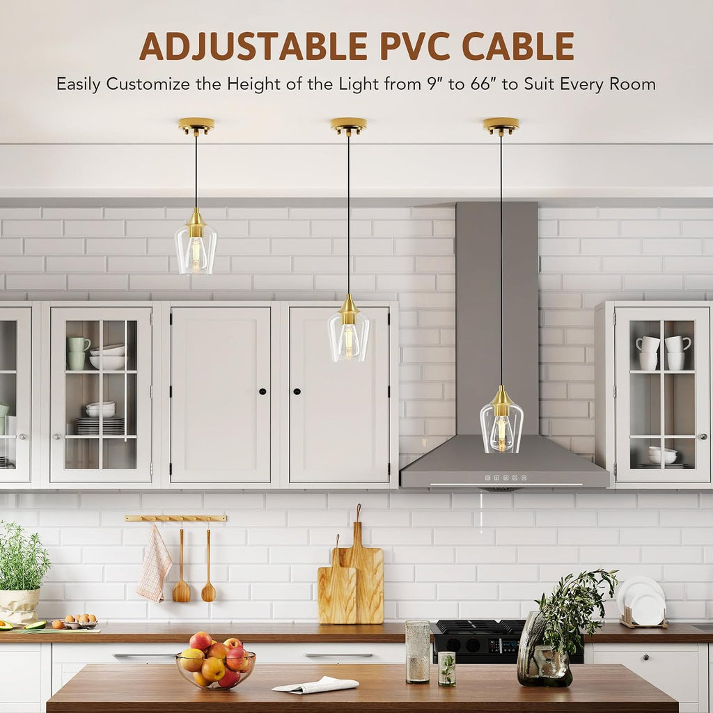 Pendant Lights Kitchen Island, Brushed Gold Pendant Light Fixtures with E26 Base & Adjustable Cable, Modern Pendant