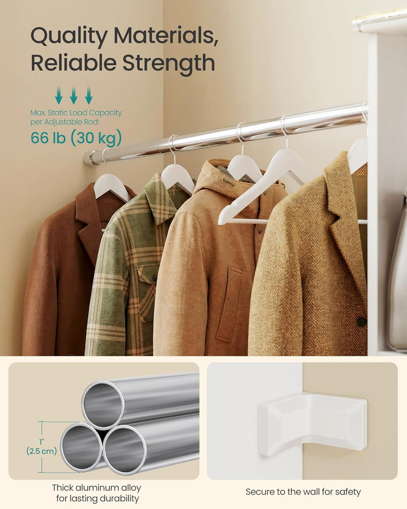 Closet System, Customizable Walk-In Closet Organizer System with Adjustable Hanging Rods and Storage Shelves, White