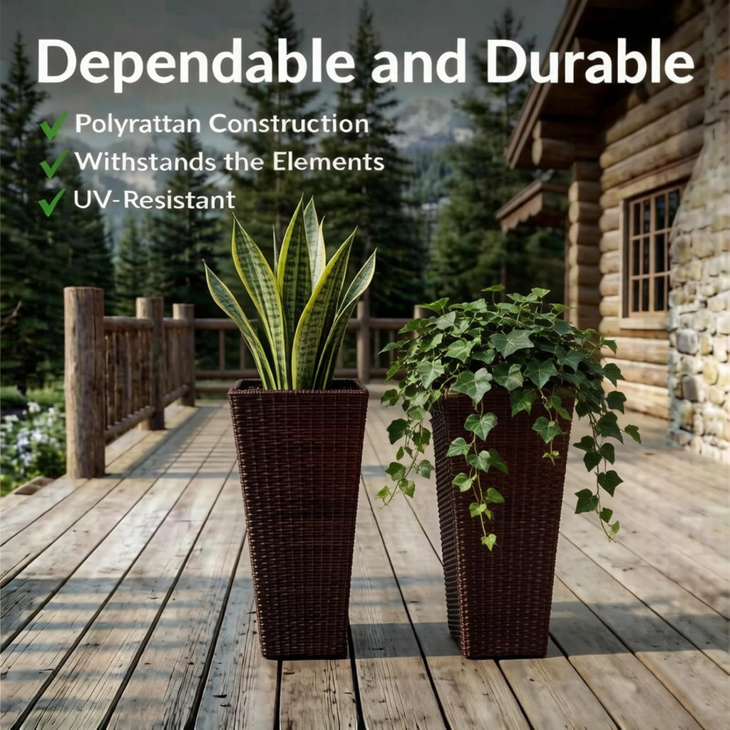 32" Tall Planter, Large Outdoor Planter Pot with Drainage | Outdoor Planter Set of 2,Removable Inner Pot,Resin