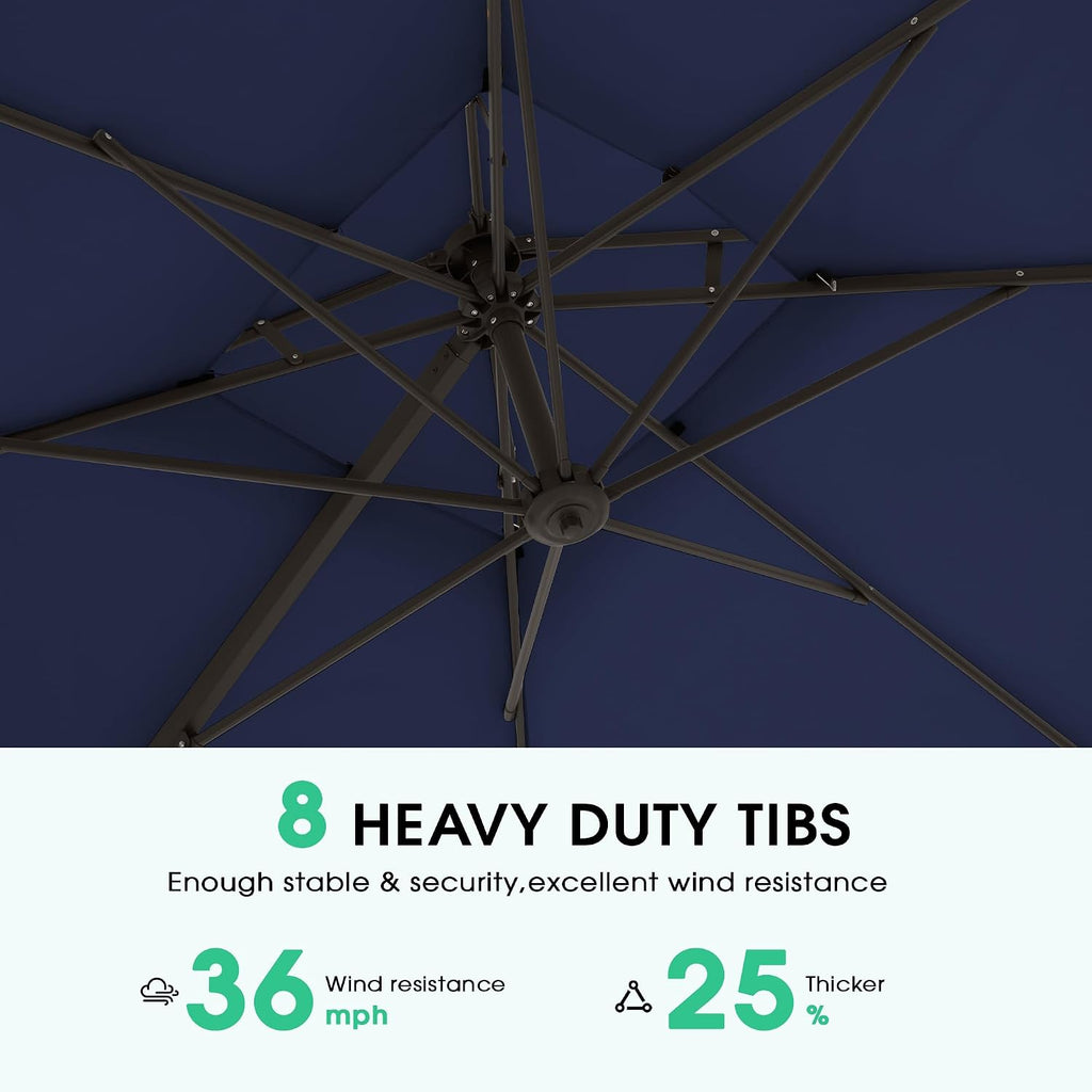 9x9 ft 2-Tier Cantilever Patio Umbrella, Large Square Outdoor Offset Umbrella with Double Top Vent and 360-degree - Navy