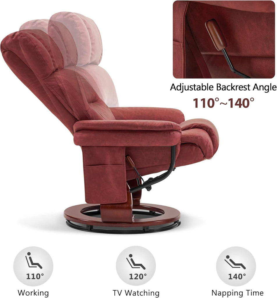 Modern Reclining Swivel Lounge Chair and Ottoman — Burgundy Faux Leather