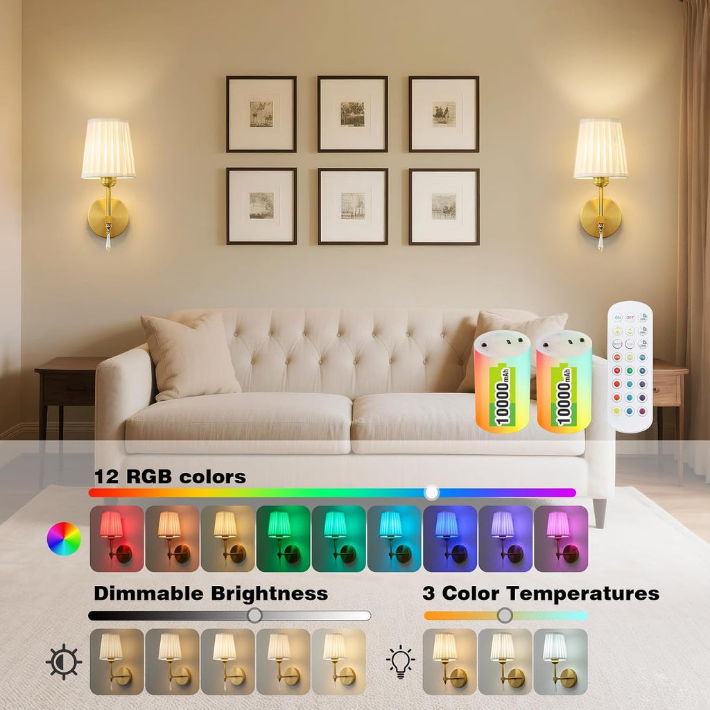 Battery Operated Wall Sconce Set of 2, 10000 Mah Rechargeable Wall Sconces Dimmable 12 RGBS,Remote Wireless