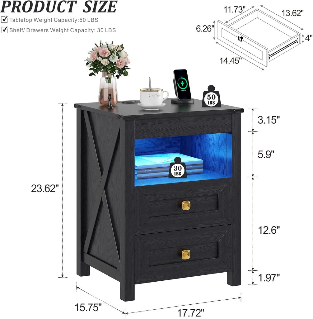 Farmhouse LED Nightstand with Gun Drawer&Invisible Lock,Modern Bedside Table with Human Sensor Design,Rustic Side