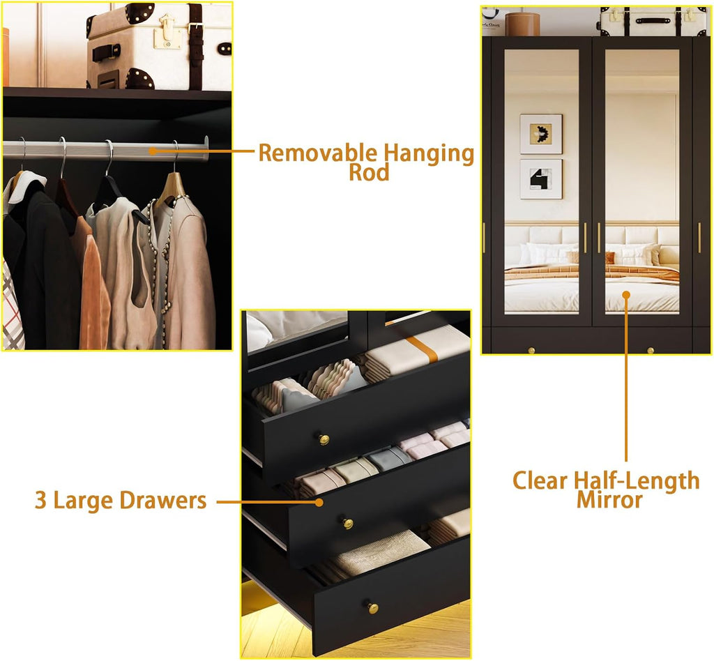4 Doors LED Armoire Wardrobe Closet with Mirror, 75" Tall Modern Wooden Wardrobe Closet with 3 Drawers, Freestanding