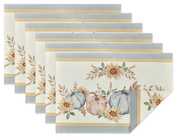 Blue Pumpkin Bordered Thanksgiving Tabletop, Stonewashed Fall Pumpkin and Sunflower Cottage Print Easy Care Fabric