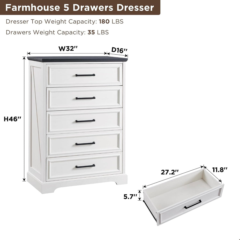 Farmhouse 5 Drawers Dresser Chests , Antique White | 46" Tall, Wood Rustic Chest of Drawers, Wide Metal Handle