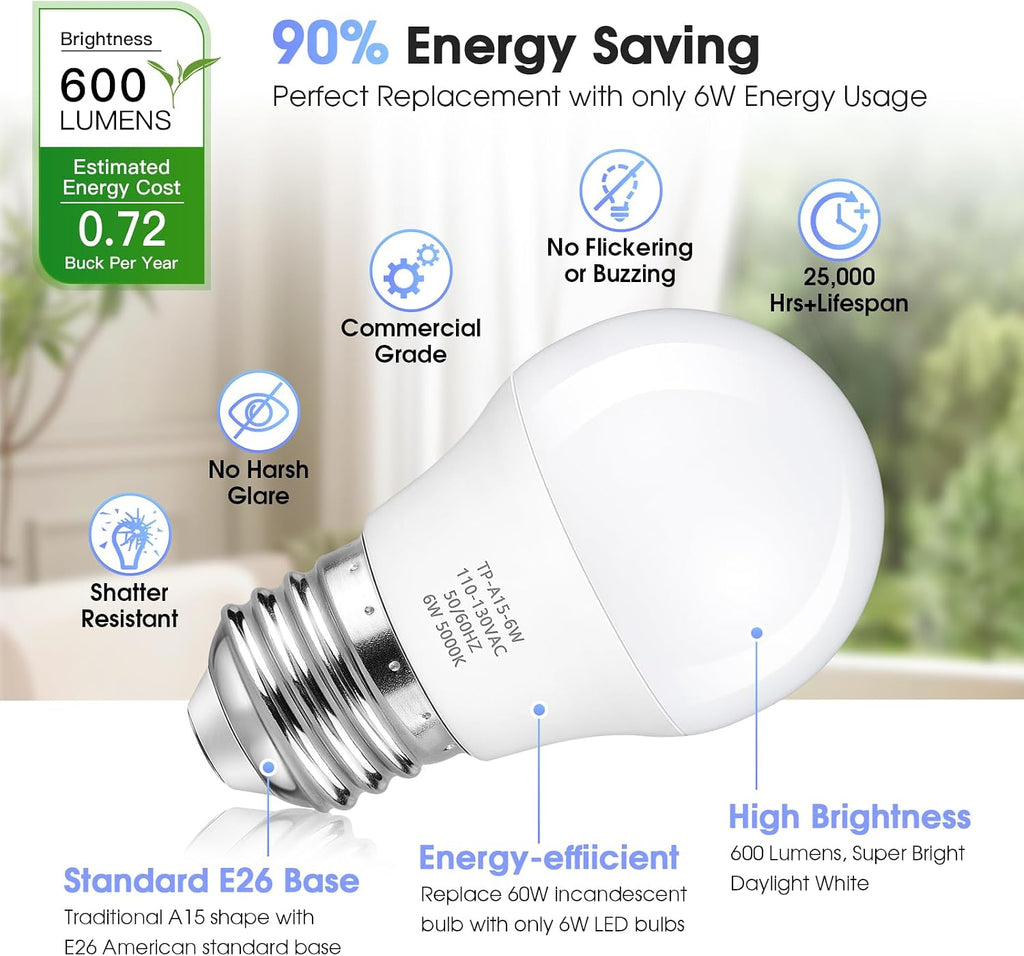 A15 LED Light Bulb, 60 Watt Equivalent LED Bulbs, Daylight White 5000K, 600LM, E26 Base, Non-Dimmable, 6W Bright (6-Pack)
