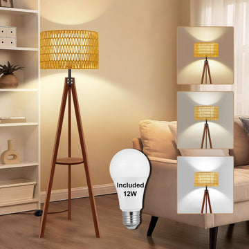 Boho Tripod Floor Lamp with Shelf, Double Lampshades Mid-Century Standing Lamps