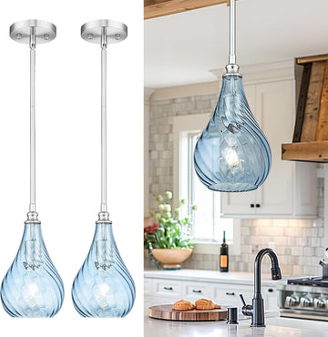 2 Pack Kitchen Pendant Lighting Over Island 6 Inch,Hanging Pendants Light,Brushed Gold Finished Striped Glass Pendant