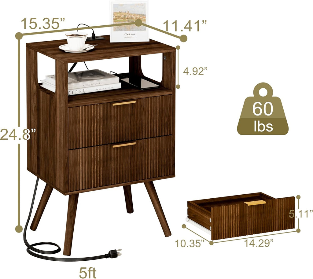 Nightstand with Charging Station and LED Lights,Modern Bedside Table with 2 Storage Drawer and Open Wood Shelf