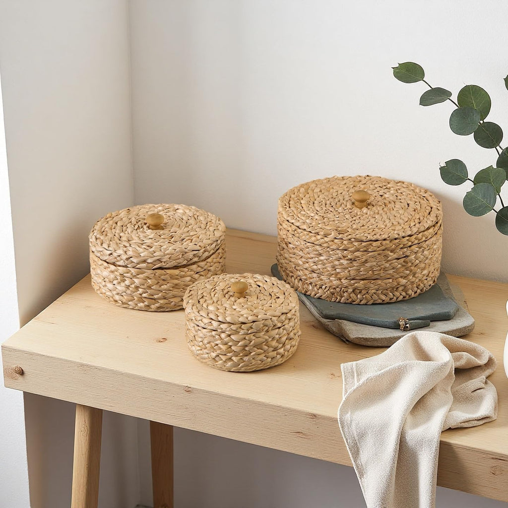 Round Rattan Storage Boxes with Lids Set of 3, Handwoven Wicker Basket, Small Baskets for Shelves, Boho Organizer