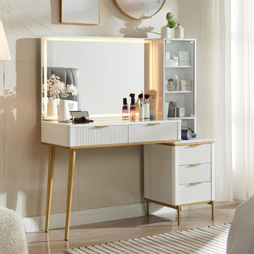 Fluted Makeup Vanity Desk with 36" HD Lighted Mirror, 48" Big Modern Vanity Desk with Mirror and Lights, Dressing