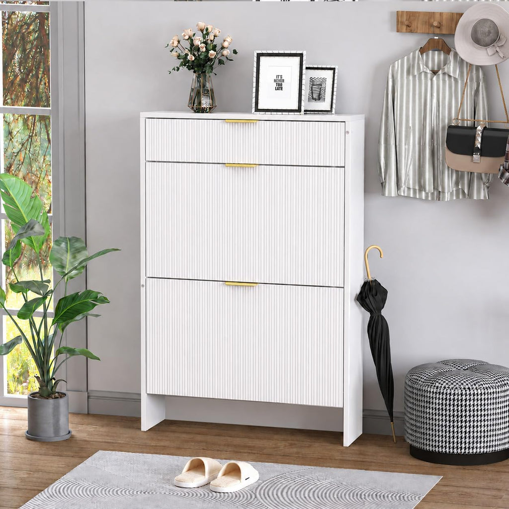 Narrow Fluted Shoe Storage Organizer with Drawer,Gold Handles, Walnut | Shoe Storage Cabinet , Freestanding Drawer