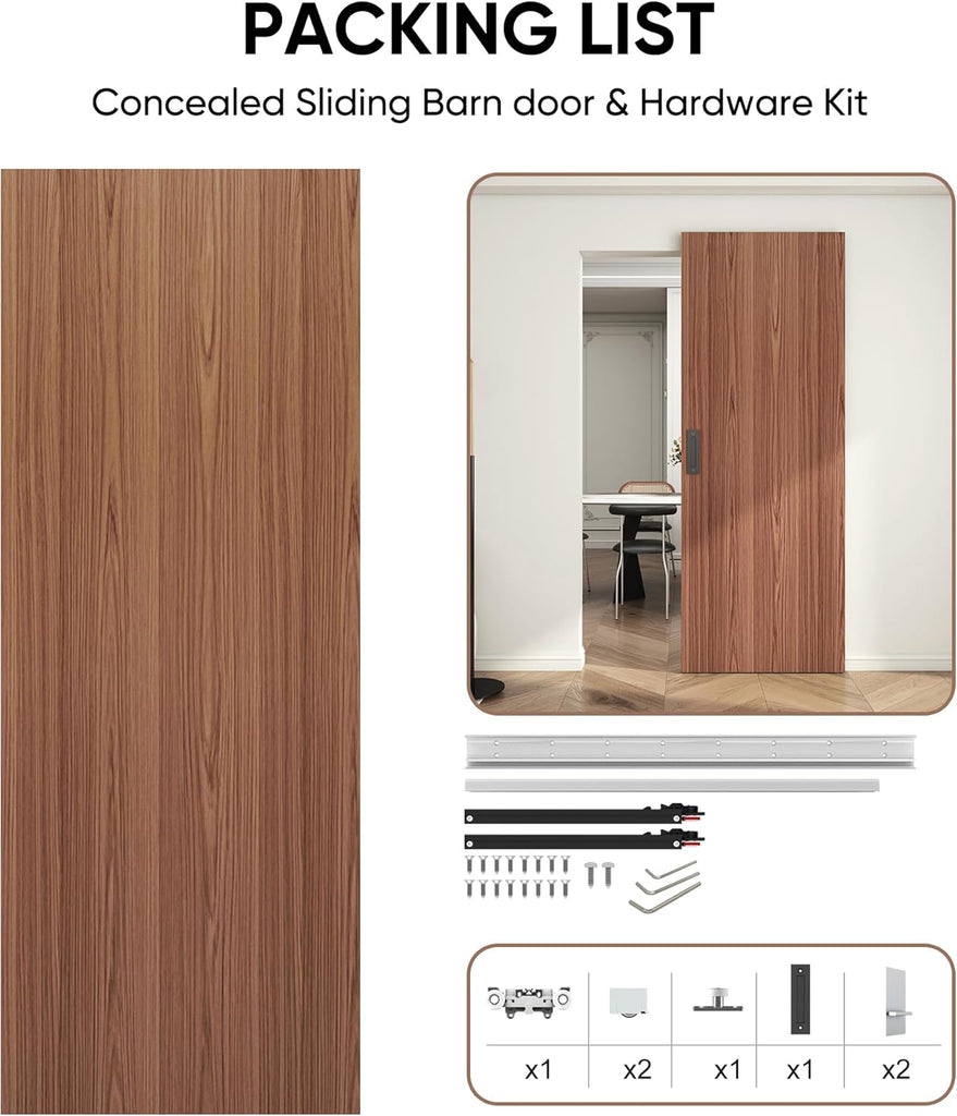 32"x86" Concealed Sliding Barn Door with Soft Close Hardware Kit, Brown Hidden Door for Opening 24"-