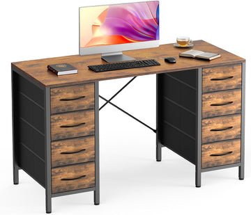 Desk with 8 Fabric Storage Drawers, Computer Office 47 Inch Gaming Writing Study Table with X-Shaped Reinforced