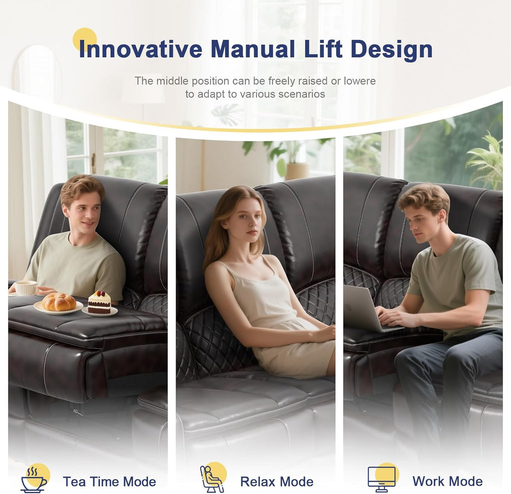 Recliner Sofa 3 Seater Sofa with Recliner, Home Theater Seating with Liftable Console & Removable Armrest