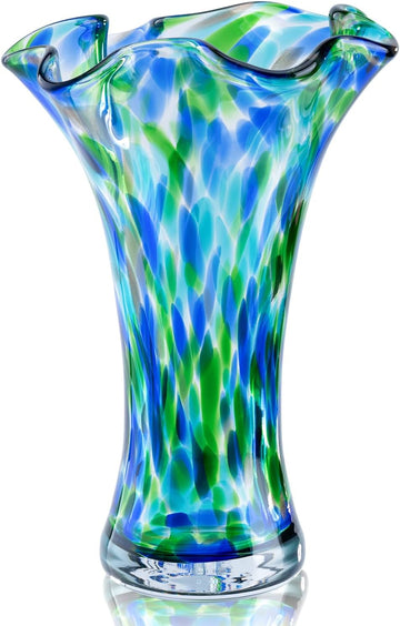 Hand Blown Glass Vase for Flowers, 9" Unique Murano Style Art Glass Vase, Wide Mouth Teal Turquoise Swirl Decorative