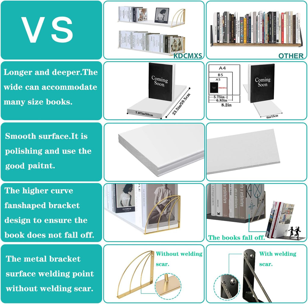Gold White Shelves Pine Wood 23.5×7.87 Inch Book Shelf for Wall with Elegant Lines,Gold Floating Shelves,Floating