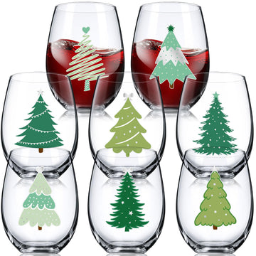 8 Pcs Xmas Tree Christmas Stemless Wine Glasses 15 oz, Green Sliver