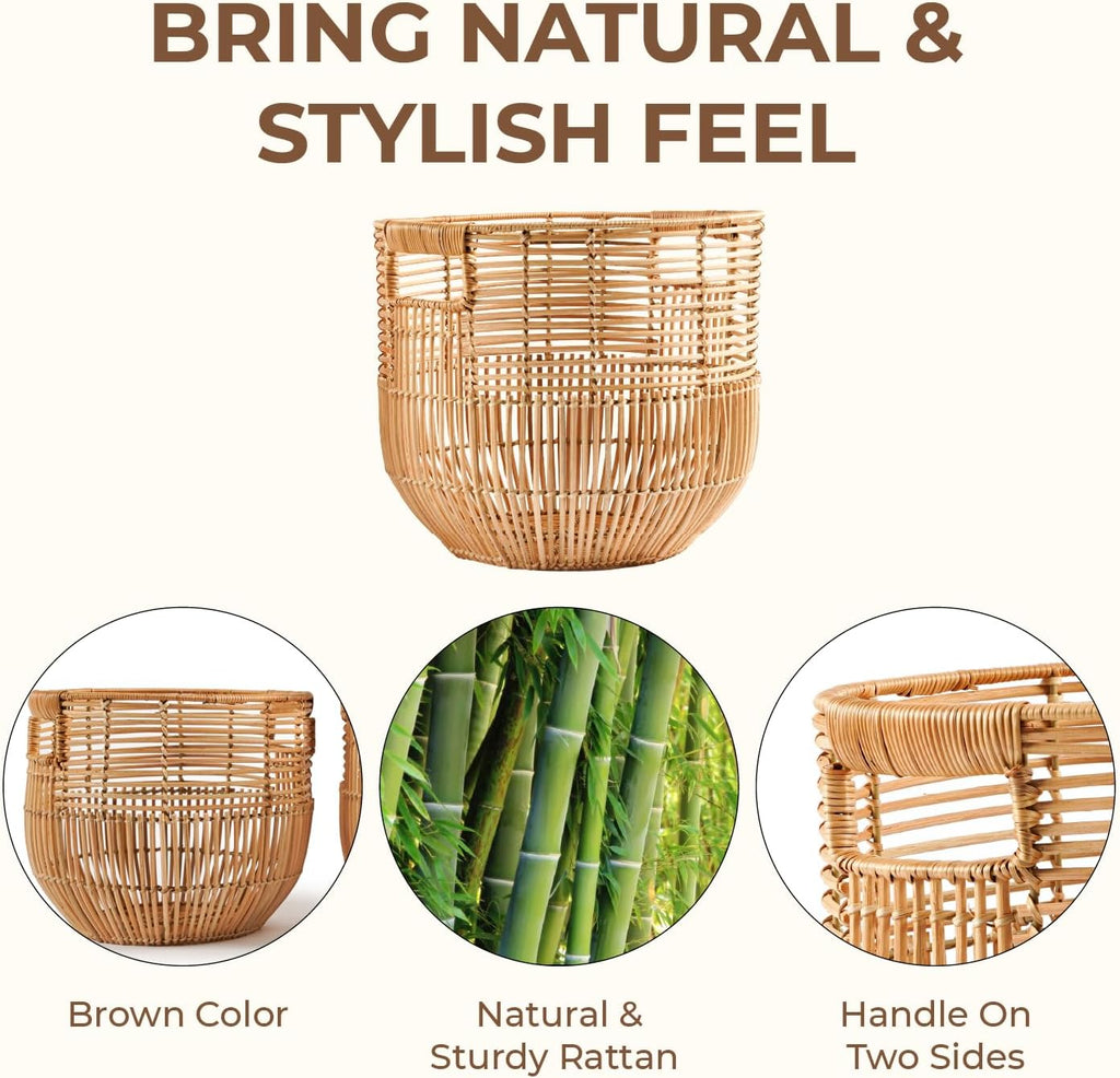 Set Of 2 Large Woven Blanket Baskets With Handles | Round Wicker Rattan Storage Floor Baskets for Shoe | Extra Big
