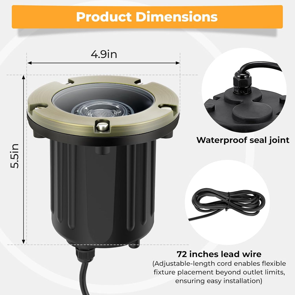 Brass Low Voltage Landscape Well Lights (5" Cover, 5.5" Tall), 12V LED Wired In-Ground Outdoor Up Lighting Fixture